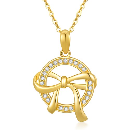 9K Gold Round Zircon Bow Pendant Necklace