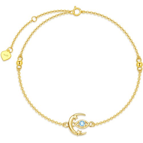 9K Gold Round Zircon Moon Bead Station Chain Bracelet