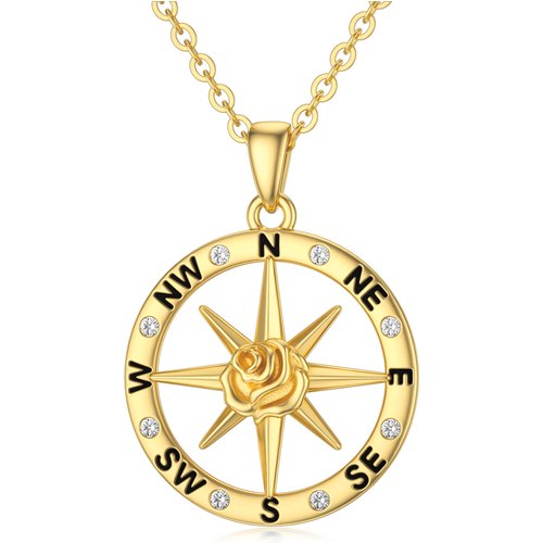 9K Gold Round Zircon Rose & Compass Pendant Necklace