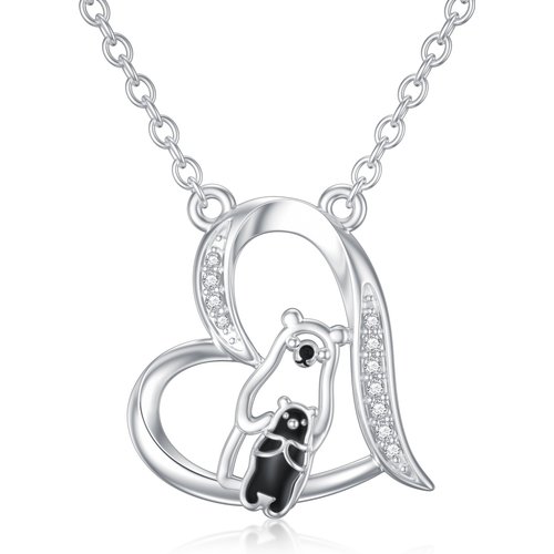 9K White Gold Circular Shaped Cubic Zirconia Bear & Heart Pendant Necklace