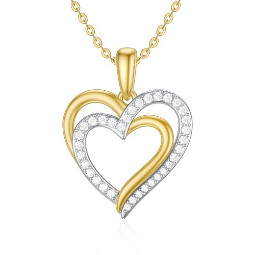 9K Gold Two-Tone Cubic Zirconia Heart Pendant Necklace For Women
