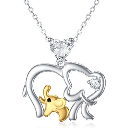 9K White Gold Two-Tone Heart Zircon Elephant Pendant Necklace For Women