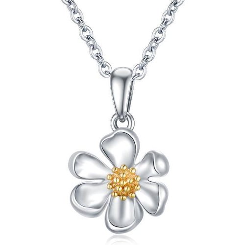 9K White Gold & Yellow Gold Daisy Pendant Necklace For Women