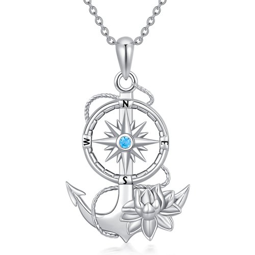 Sterling Silver Lotus Compass Anchor Pendant Necklace For Women