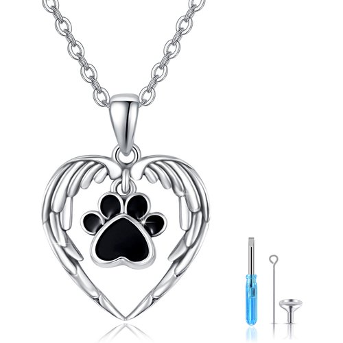 Sterling Silver Paw & Angel Wing Heart Urn Necklace for Ashes for Women