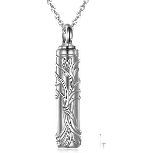 Bar Tree of Life Urn Necklace Cremation Jewelry for Ashes in White Gold Plated Sterling Silver