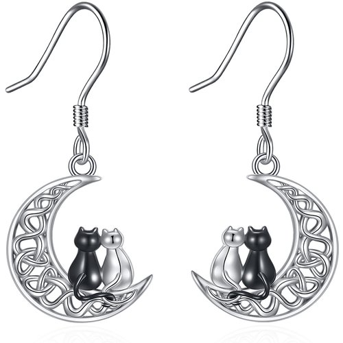 Sterling Silver Two-tone Cat & Celtic Knot & Moon Drop Earrings