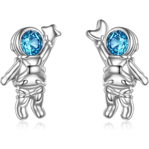 Sterling Silver Circular Shaped Cubic Zirconia Astronaut Stud Earrings