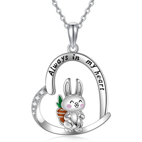 Sterling Silver Cubic Zirconia Rabbit Heart Engraved Necklace for Women