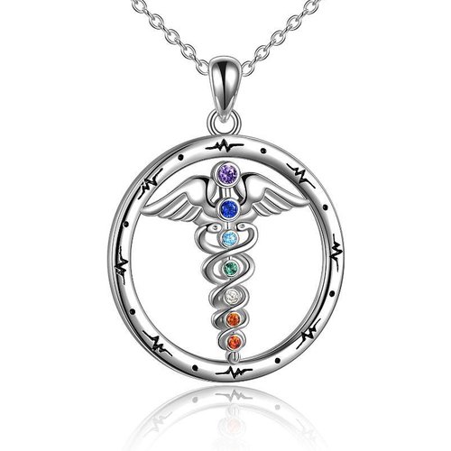Sterling Silver Cubic Zirconia Snake Angel Wing Chakras Necklace for Women