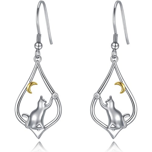 Sterling Silver Two-tone Cat & Moon Drop Earrings