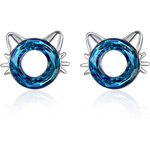 Sterling Silver Blue Crystal Cat Stud Earrings