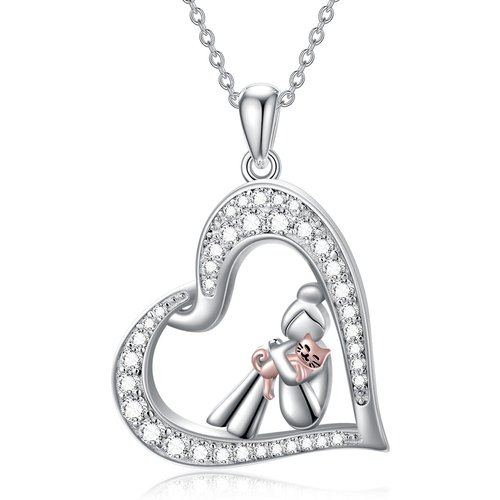 Sterling Silver Two-tone Heart Zircon Cat & Girl Pendant Necklace