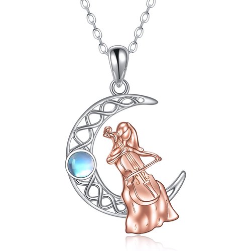 Sterling Silver Moonstone Spiral Knot & Moon Music Symbol Necklace for Women