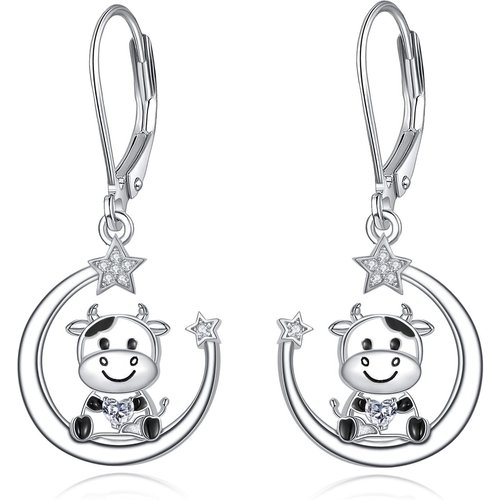 Sterling Silver Zircon Cow Heart Moon Star Drop Earrings