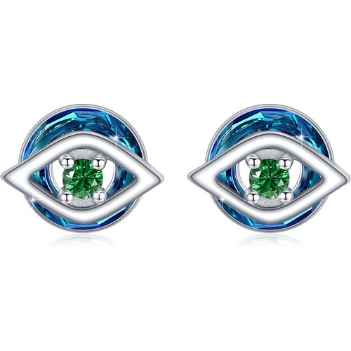 Sterling Silver Circular Crystal & Green Cubic Zirconia Evil Eye Stud Earrings for Women