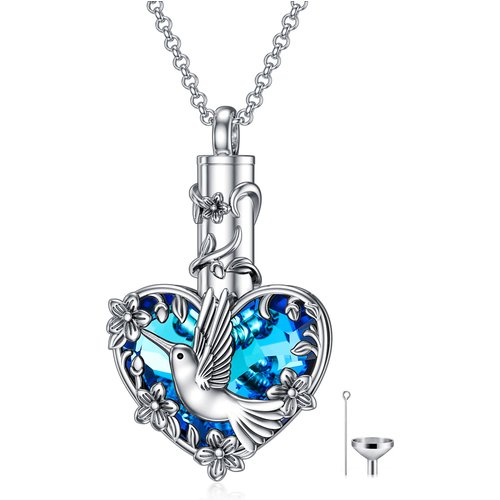 Sterling Silver Crystal Hummingbird & Heart Urn Necklace for Ashes