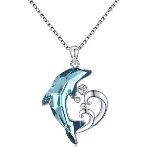 Sterling Silver Crystal Dolphin & Wave Pendant Necklace for women