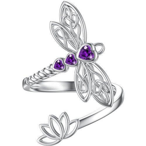 Sterling Silver Amethyst Crystal Dragonfly & Lotus & Celtic Knot Open Ring