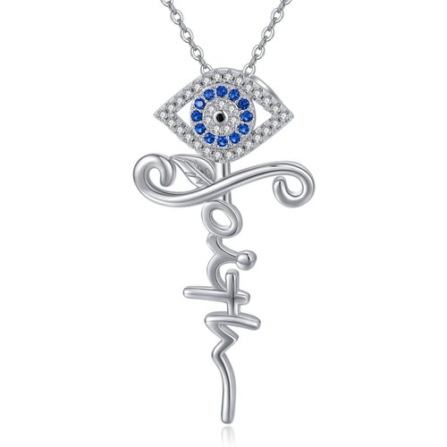 Evil Eye Cross Faith Pendant Necklace in 925 Sterling Silver