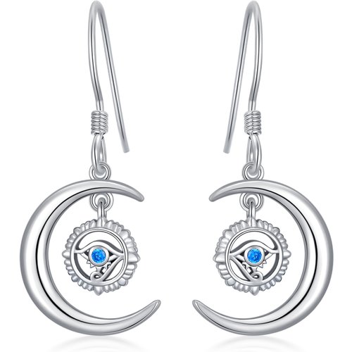 Sterling Silver Cubic Zirconia Eye Of Horus & Moon Drop Earrings
