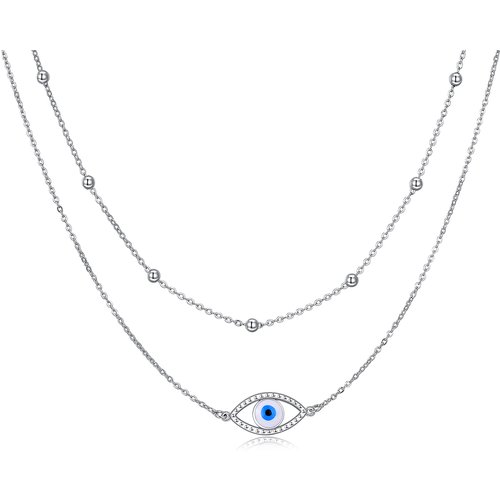 Sterling Silver Cubic Zirconia Evil Eye Layered Necklace for Women