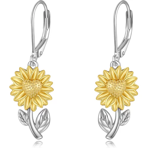 Sterling Silver Two-tone Sunflower Lever-back Earrings for Women