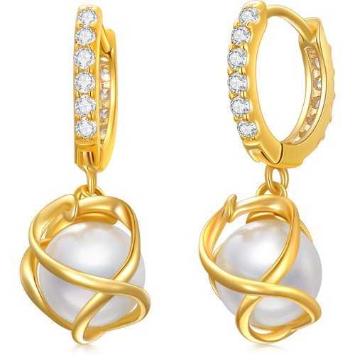 Sterling Silver with Yellow Gold Plated Round Pearl Infinite Symbol Drop Earrings