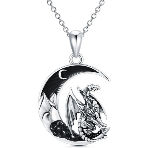 Sterling Silver Dragon & Moon Necklace for Women