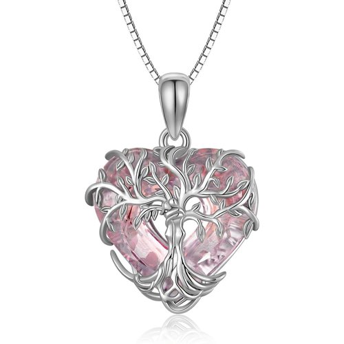 Sterling Silver Tree Of Life Pink Heart Crystal Pendant Necklace for Women
