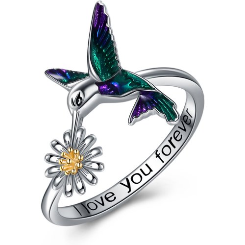 Sterling Silver Two-tone Hummingbird & Daisy Ring with Engraved Word