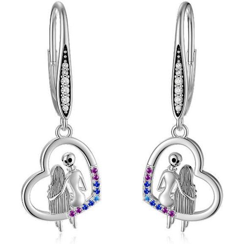 Sterling Silver Round Cubic Zirconia Heart & Skull Lever-back Earrings