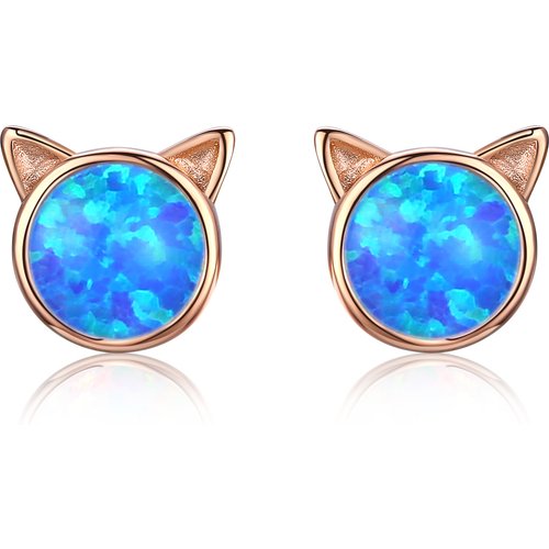 Sterling Silver with Rose Gold Plated Opal Cat Stud Earrings