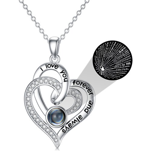 Sterling Silver Projection Stone Heart With Heart Pendant Necklace with Engraved Word