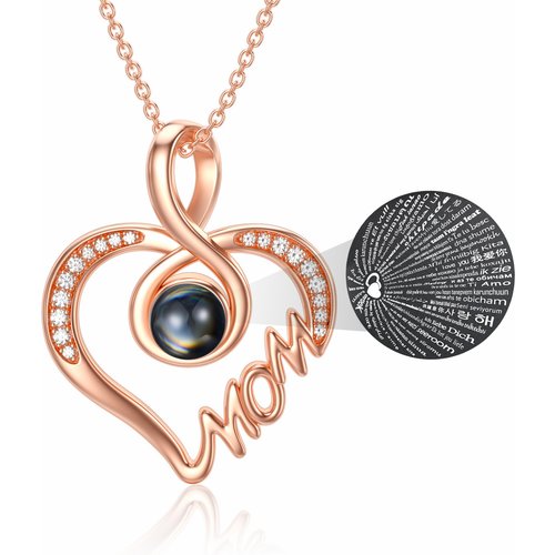 Sterling Silver with Rose Gold Plated I Love You Mom Languages Projection Heart Necklace