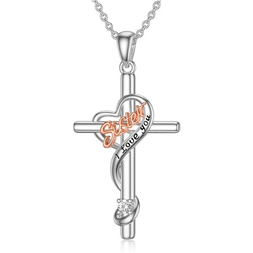 I LOVE YOU Sterling Silver Cross Pendant Necklace as Birthday Gift for Sister