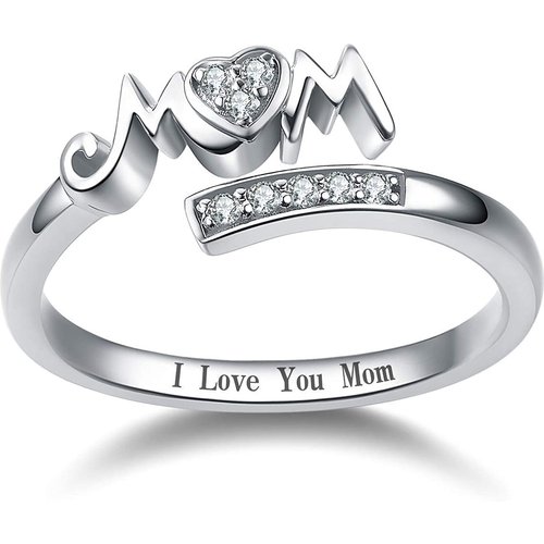 Sterling Silver Round Cubic Zirconia Mother Ring with Engraved Word