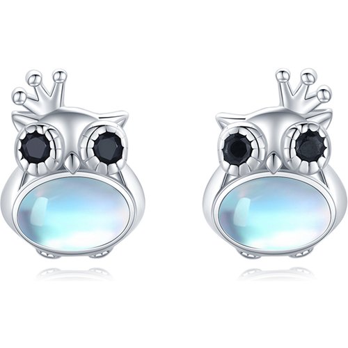 Sterling Silver Round Moonstone Owl Stud Earrings