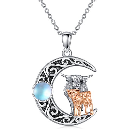 Sterling Silver Two-tone Moonstone Cow Moon Necklace for Women Men