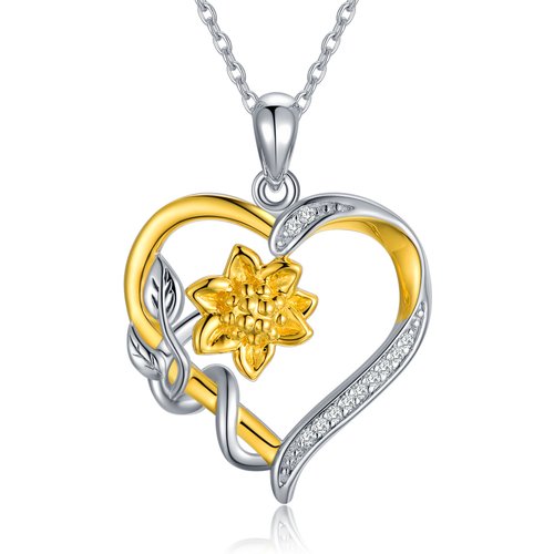 Sterling Silver Two-tone Diamond Sunflower & Heart Pendant Necklace