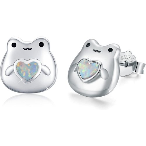 Sterling Silver Heart Opal Frog Stud Earrings