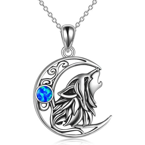 Sterling Silver Opal Wolf & Moon Pendant Necklace