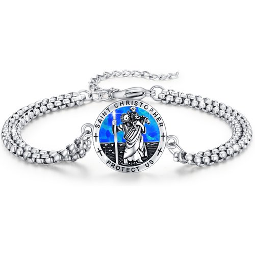 Sterling Silver Opal Saint Christopher Engraved Bracelet for Women Men