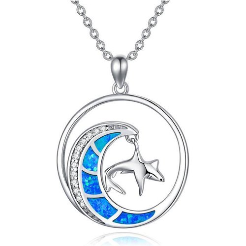 Sterling Silver Opal Shark Moon Star Pendant Necklace