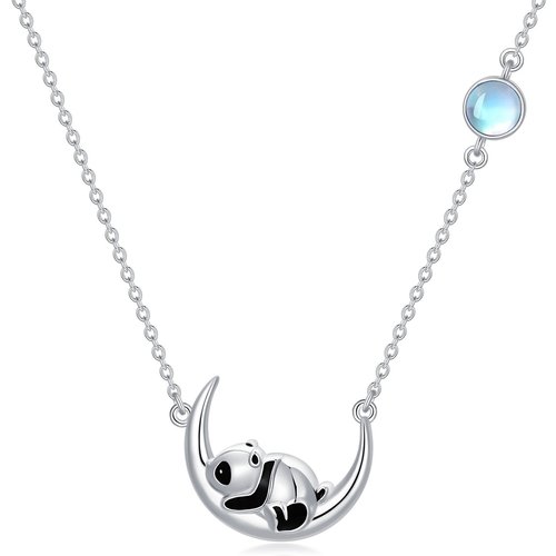 Sterling Silver Moonstone Panda & Moon Pendant Necklace