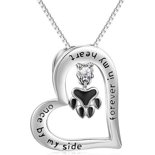 Sterling Silver Cubic Zirconia Paw Heart Engraved Necklace for Women Men