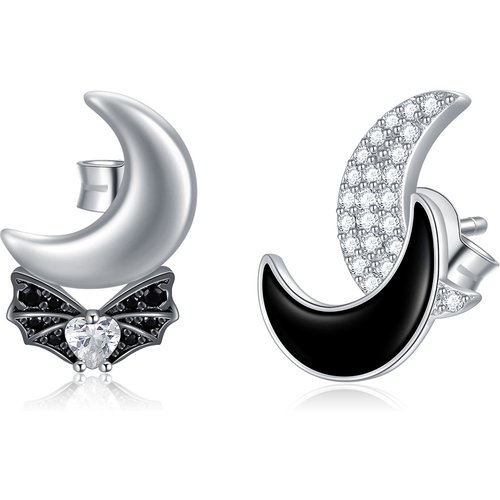 Sterling Silver Two-tone Round Zircon Bat & Moon Stud Earrings