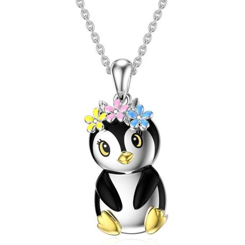 Sterling Silver Two-tone Penguin & Wildflowers Pendant Necklace