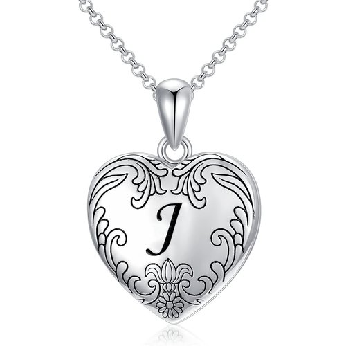 Sterling Silver Personalized Initial Letter Personalized Photo Locket Necklace with Initial Letter J
