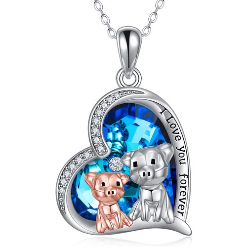 Sterling Silver Two-tone Pig Heart Crystal Engraved Necklace for Women